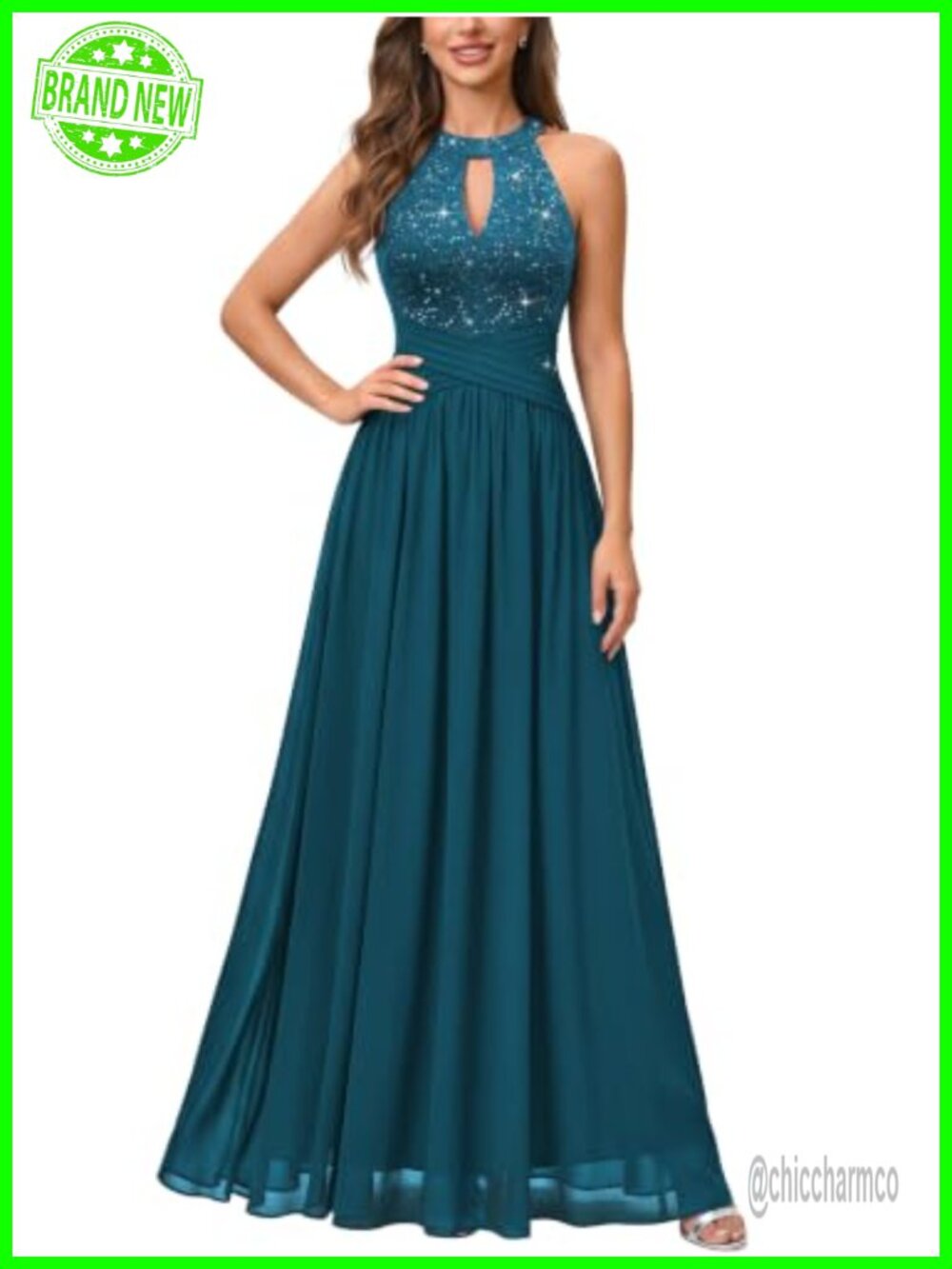 Women's Halter Sleeveless Lace Chiffon Formal Evening Maxi Dress